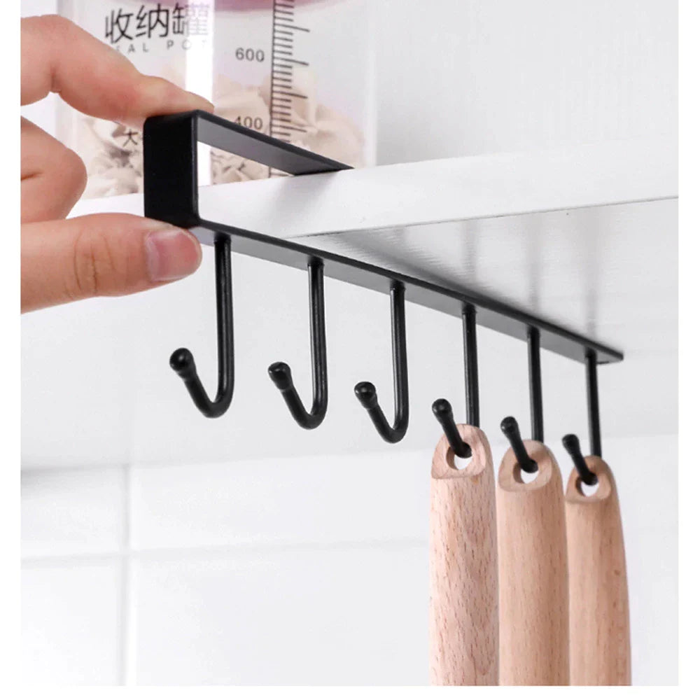 (Pack of 2) 6 Hooks Metal hanger, Storage Shelf Wardrobe Cabinet Metal Under Shelves Mug Cup Hanger Kitchen Organizer Rack Holder